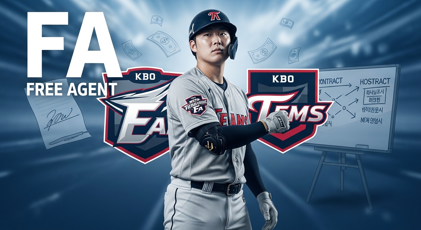 프로야구 자유계약선수(FA) 제도와 이적에 대한 복잡한 과정을 상징하는 이미지. 한 선수가 두 팀의 로고 사이에서 고민하는 모습과 계약서, 돈다발, 전략판 등이 어우러져 있습니다.