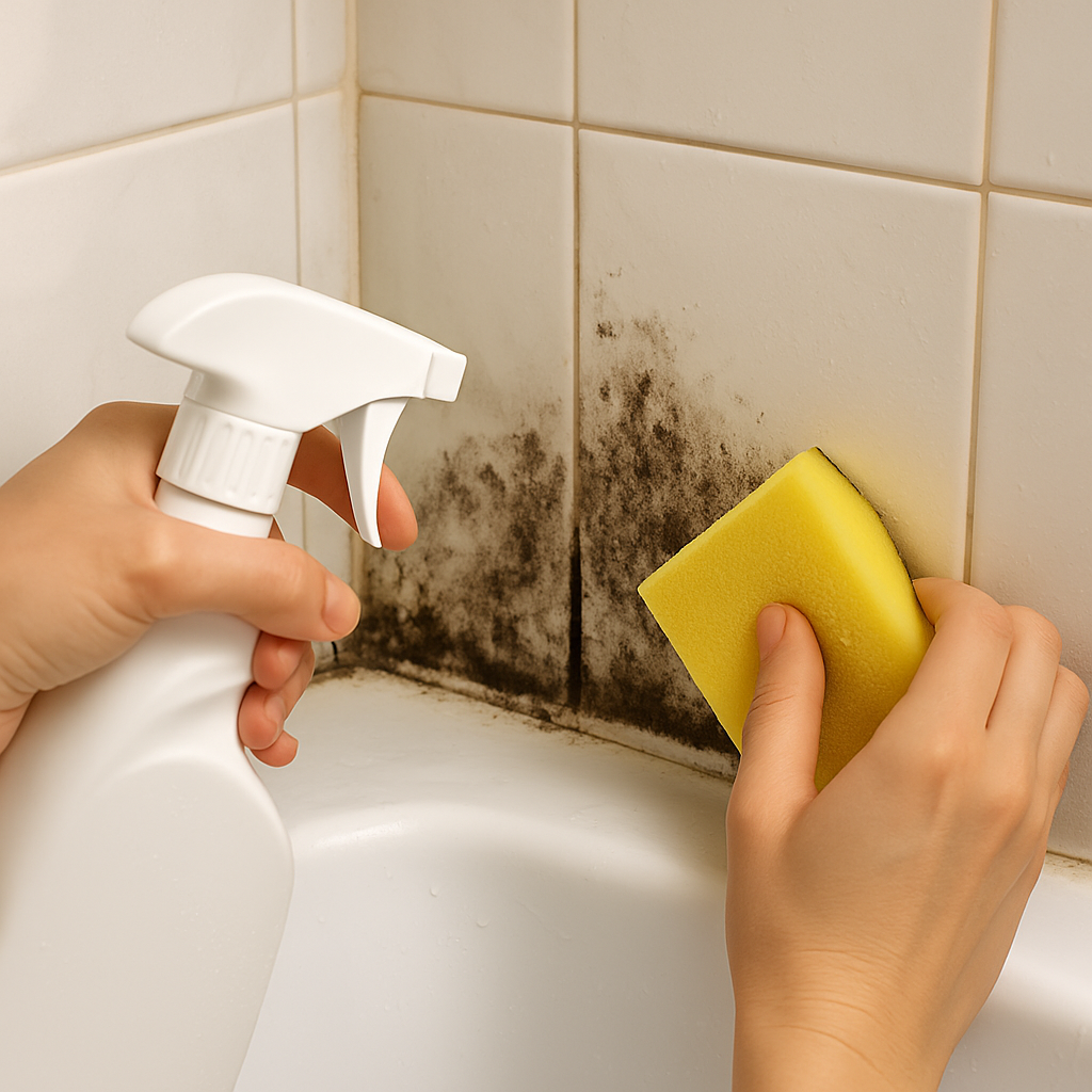 하얀 스프레이 통을 들고 곰팡이가 낀 욕실 타일에 뿌리며, 한 손에는 노란 스펀지를 들고 문지르는 장면