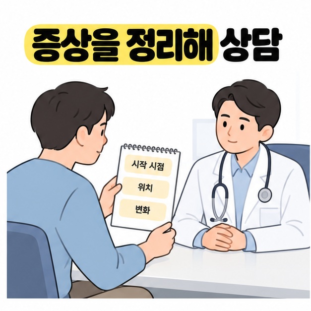 시작 시점과 위치, 변화를 적은 메모를 의사에게 보여주며 상담하는 남성을 그린 그림