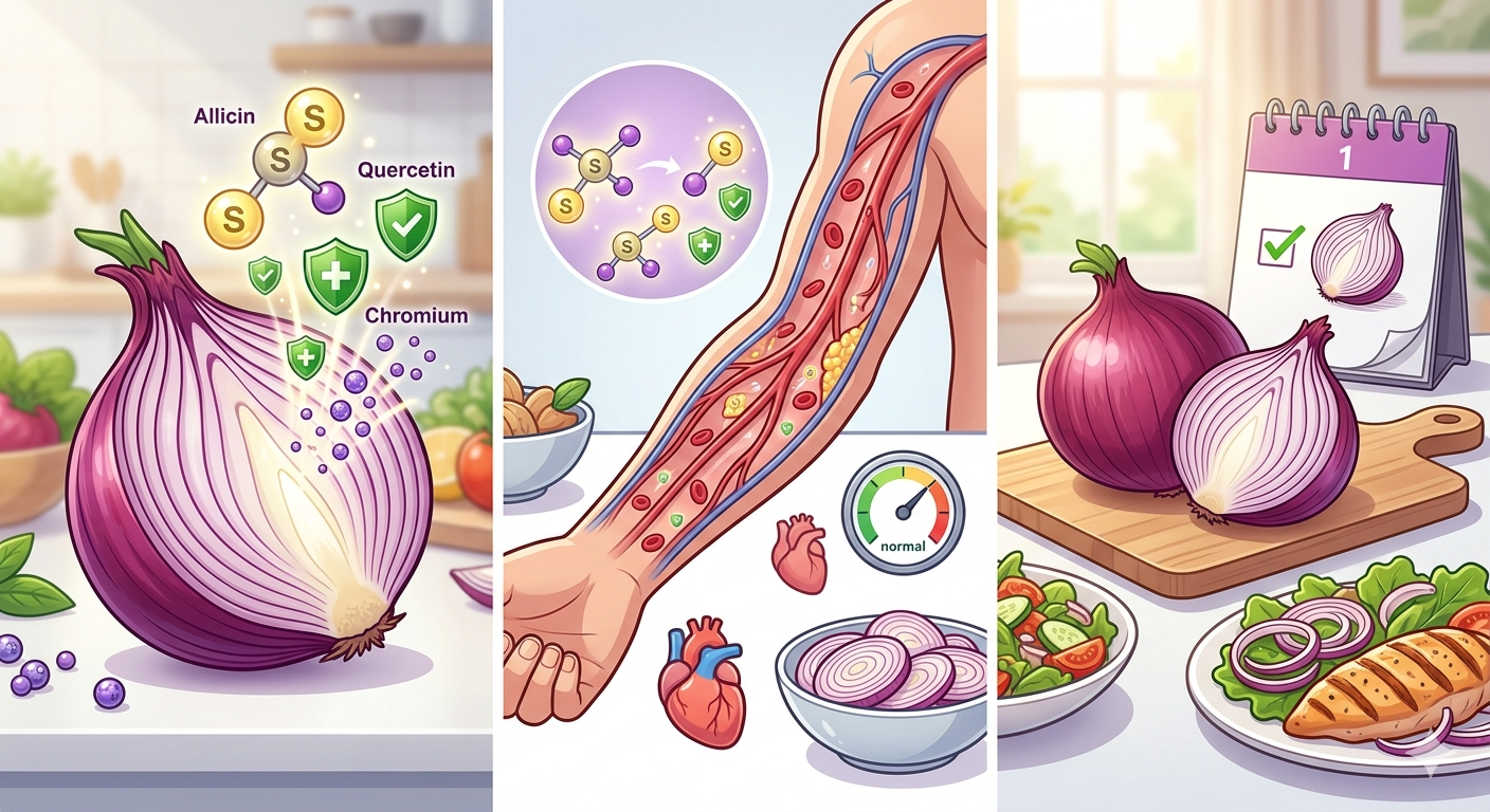 "자색 양파와 일반 양파의 단면 및 분자 구조, 혈관 내 혈류 및 콜레스테롤 제거 과정, 그리고 하루 반 개 섭취 습관을 보여주는 달력과 요리가 그려진 3판 일러스트레이션"