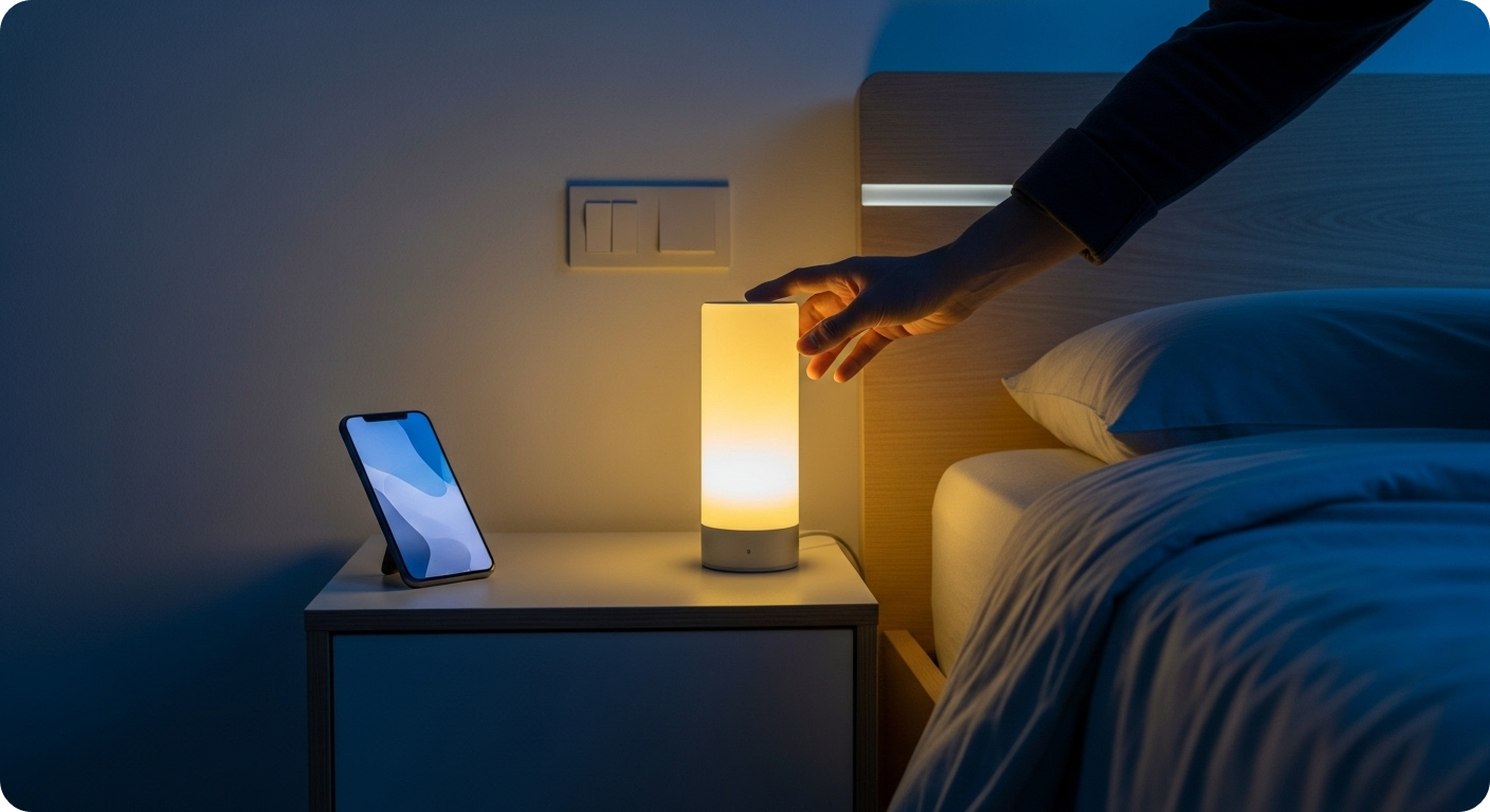 잠들기 전 스마트폰을 멀리 두고 침실 조명을 끄는 손. 디지털 디톡스를 통해 숙면 환경을 조성하는 모습.