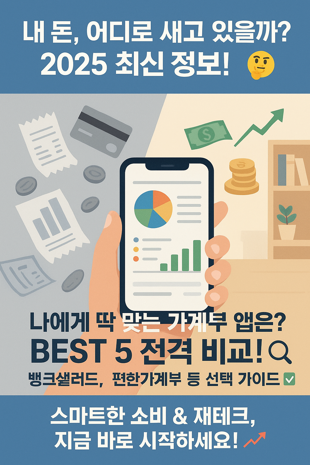 한 손으로 들고 있는 스마트폰 화면에 카테고리별 지출을 보여주는 깔끔한 가계부 앱 차트가 표시되어 있고, 주변에는 흩어진 영수증과 정리된 돈다발이 대비되어 있는 이미지. '2025 가계부 앱 추천', '나에게 맞는 가계부 앱', '뱅크샐러드', '편한가계부', '브로콜리', '머니트리', '가계부 비교', '가계부 선택 가이드', '재테크', '소비 관리', '돈 관리' 등의 문구가 강조되어, 가계부 앱을 통한 스마트한 금융 관리 솔루션을 시각적으로 표현함.