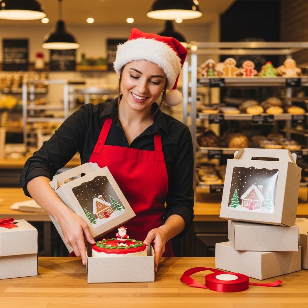 크리스마스 케이크 사전 예약&amp;#44; 케이크를 포장하는 직원