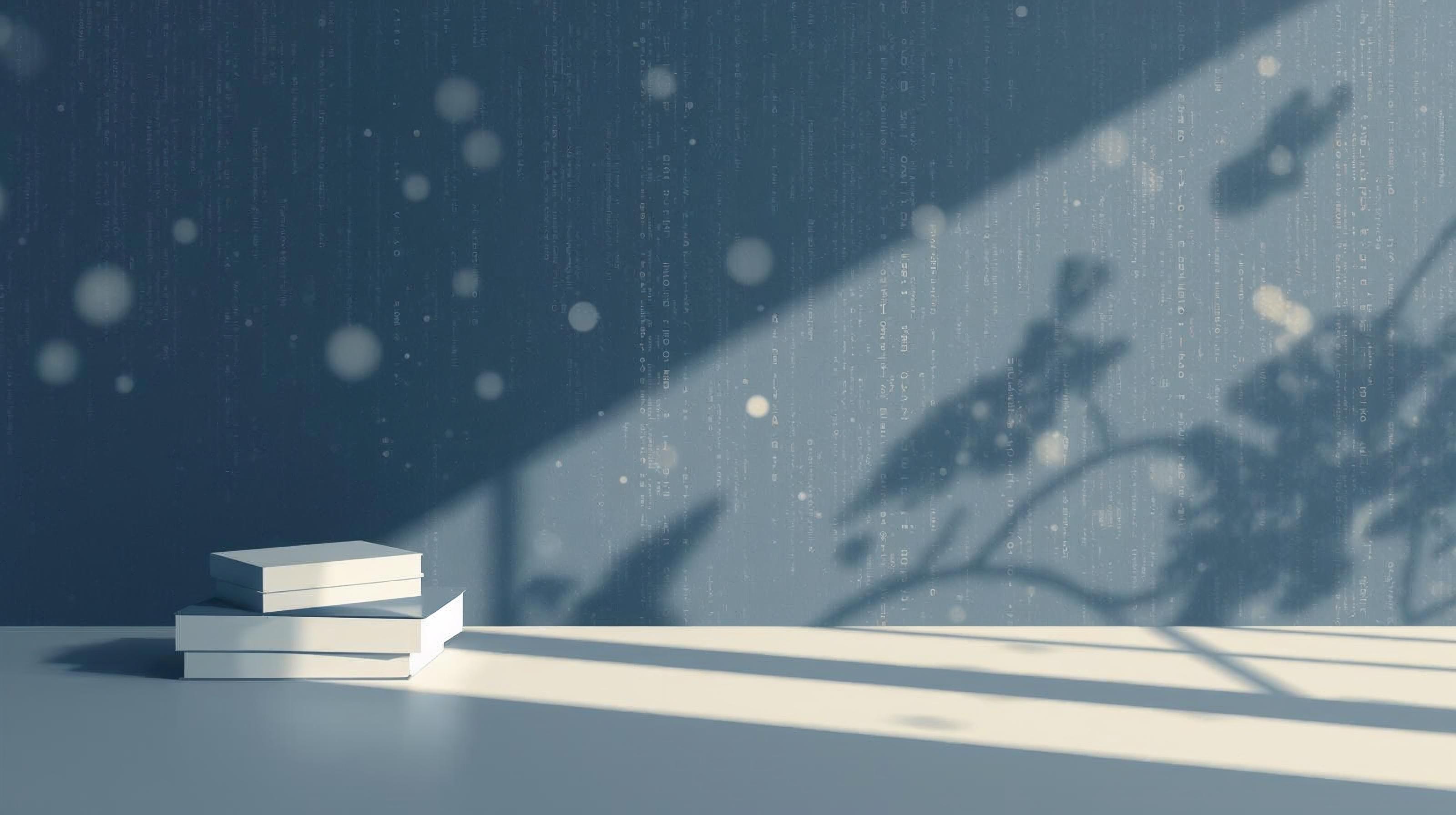 어두운 공간 속 테이블 위에 쌓인 몇 권의 책과, 한쪽에서 비스듬히 들어오는 빛이 만들어낸 그림자가 차분한 사유의 분위기를 연출하는 미니멀한 이미지