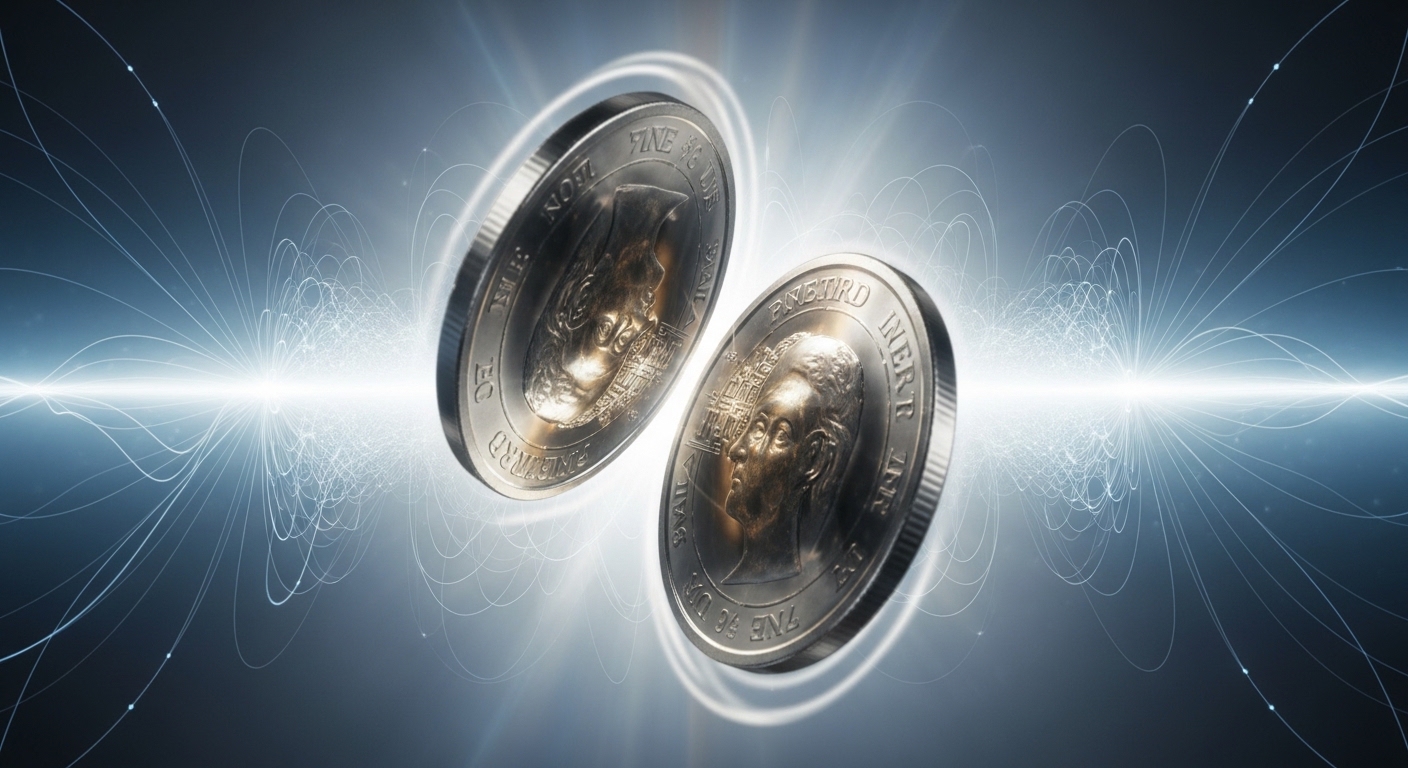 공중에서 돌고 있는 동전이 앞면과 뒷면을 동시에 보여주는 모습. 양자 중첩 상태를 시각적으로 표현한 이미지.