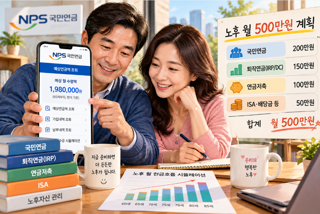 국민연금 앱으로 예상 수령액을 확인하며 노후 월 500만원을 설계하는 부부