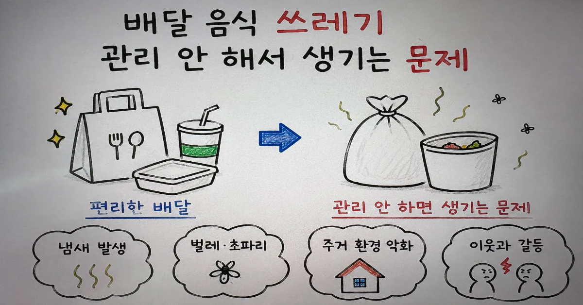 일회용 컵과 종이가방 등 편리한 배달 포장재가 관리 부재로 인해 냄새와 초파리를 유발하고 주거 환경 악화 및 이웃 갈등으로 이어지는 과정을 나타낸 이미지