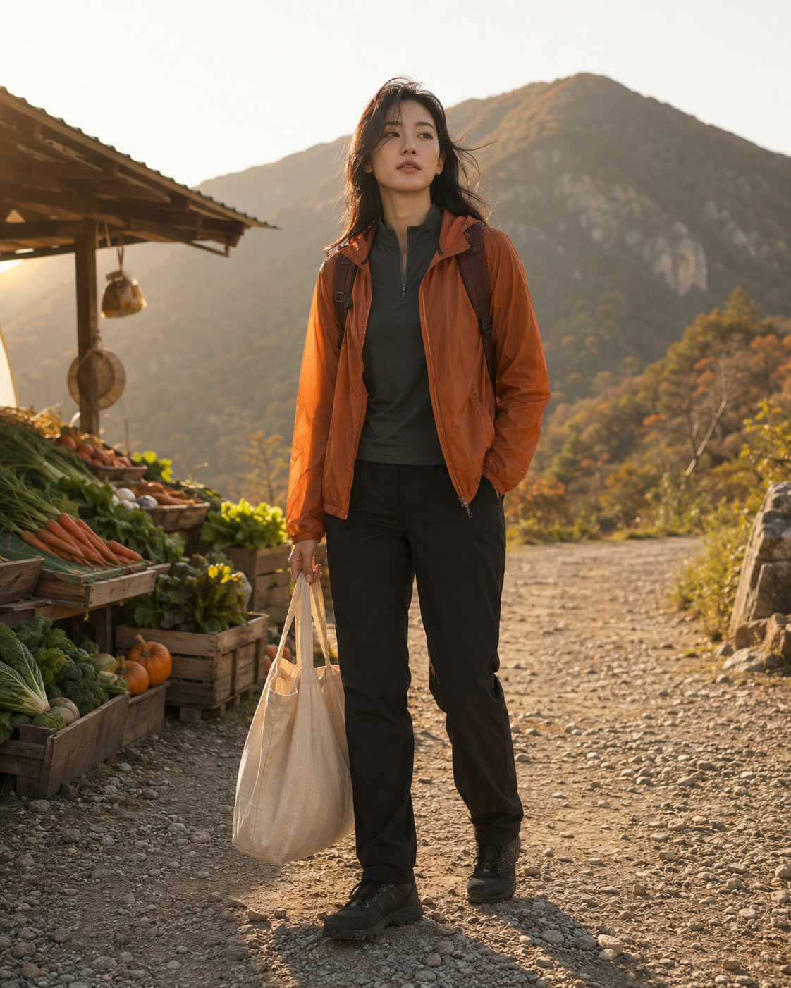 14도 초가을 여행과 야외 시장처럼 색과 아이템을 연결해 전체 착장을 정돈한 코디입니다.