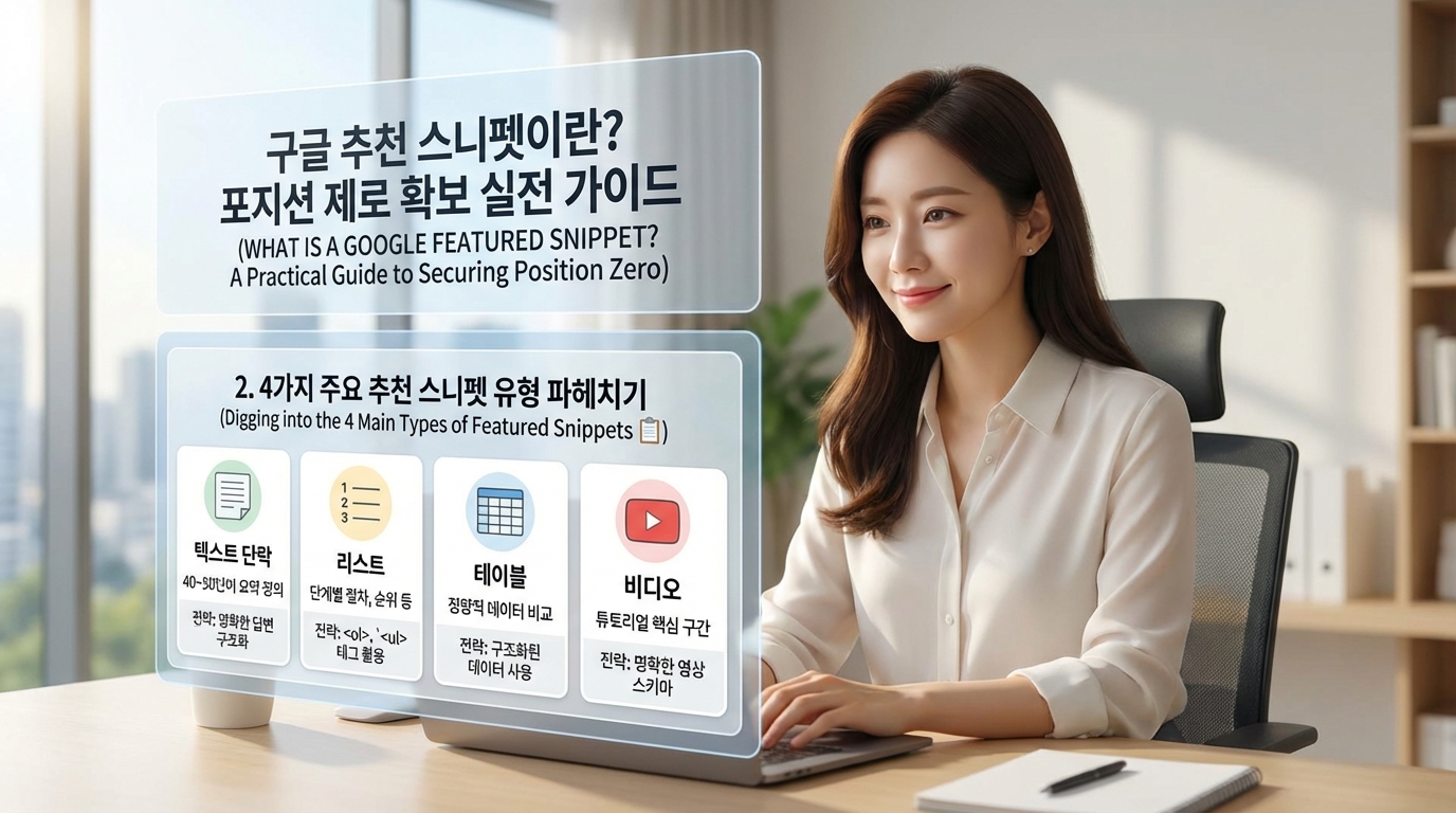Alt 태그: 텍스트 단락, 리스트, 테이블, 비디오 등 구글 추천 스니펫의 4가지 주요 유형과 유형별 최적화 전략을 보여주는 인포그래픽

상세 묘사: 노트북 앞에서 미소 짓는 여성 옆으로 4가지 주요 추천 스니펫 유형인 단락(Paragraph), 리스트(List), 테이블(Table), 비디오(Video) 아이콘이 나열되어 있습니다. 각 유형별로 HTML 태그 및 구조화 데이터 활용 전략을 체계적으로 정리한 시각 자료입니다.