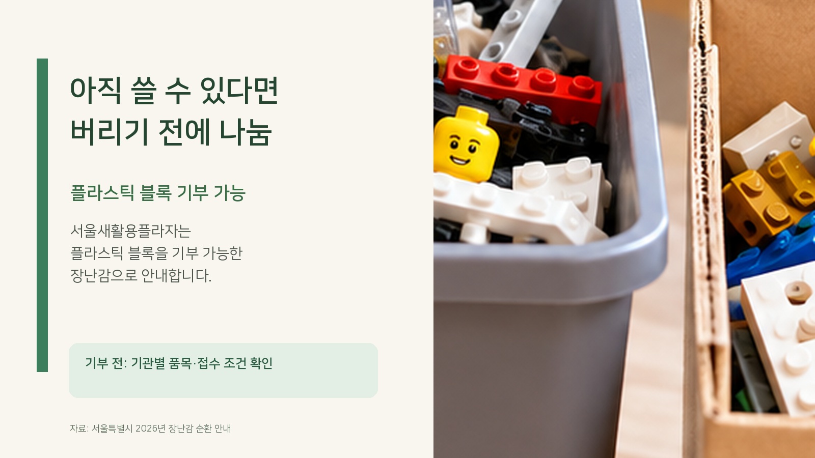 색색의 플라스틱 조립 블록을 담은 상자 사진 옆에 서울새활용플라자 기부 가능 기준을 정리한 인포그래픽