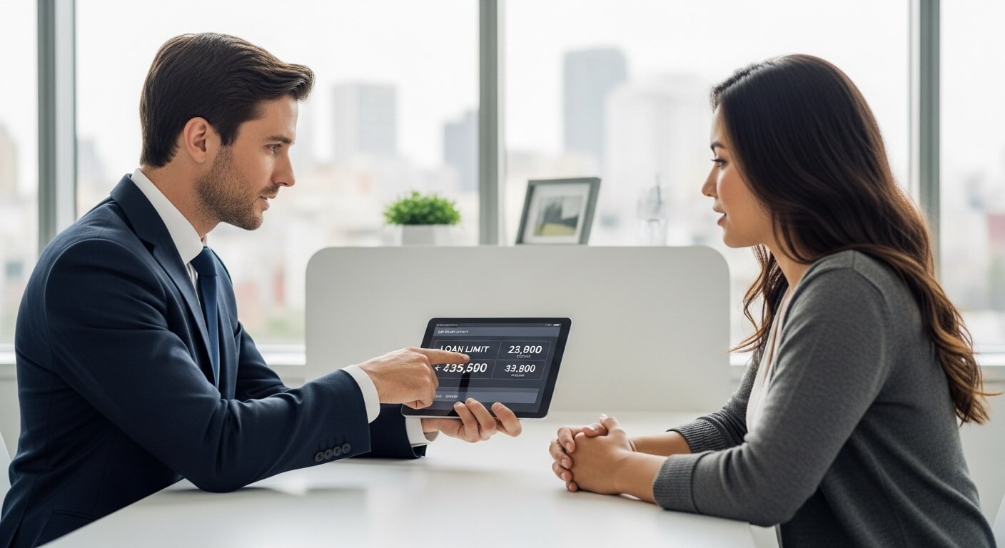 태블릿 화면의 대출 한도 금액을 보여주며 상담하는 남성 은행원과 여성 고객