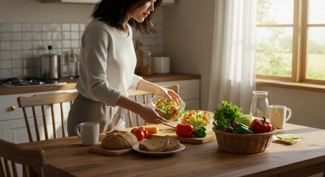 호밀빵 대신 채소와 샐러드를 선택하는 여성