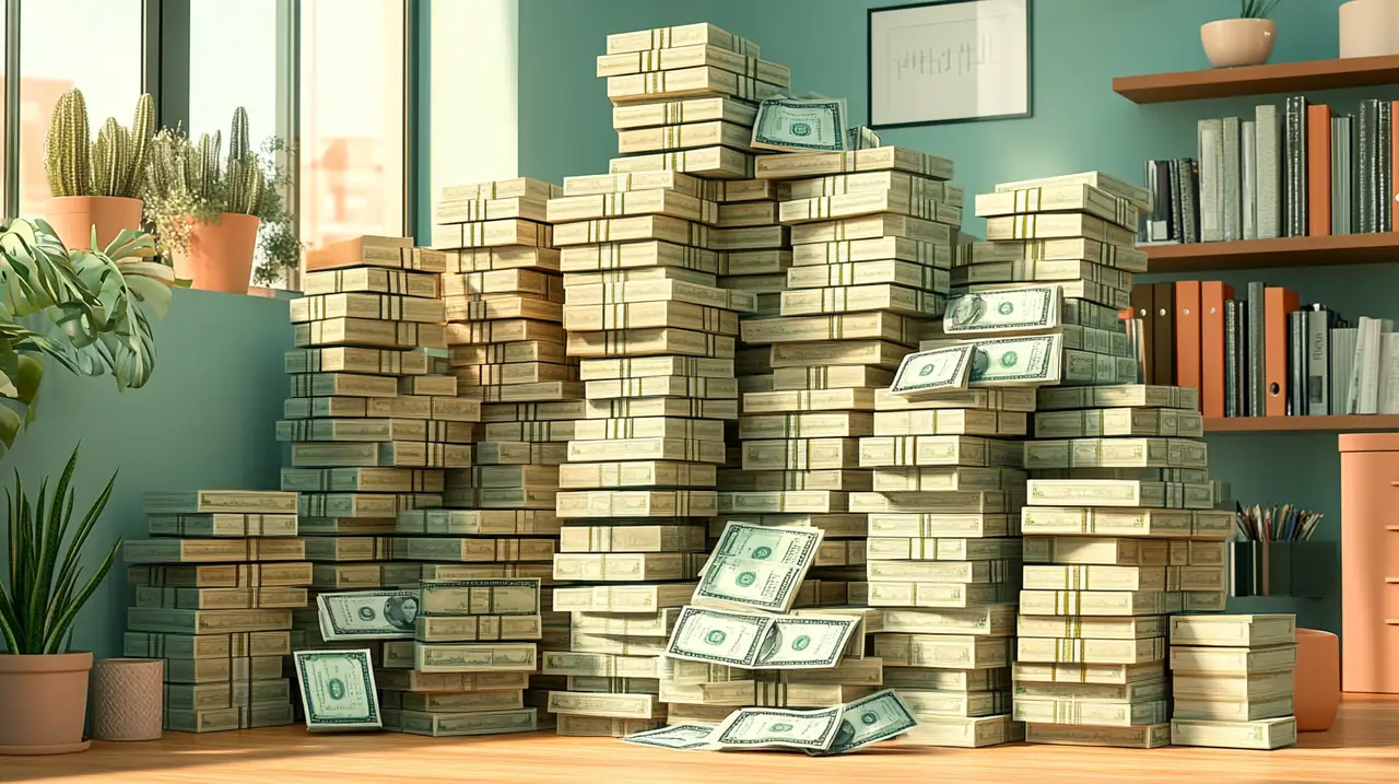 배당금을 계산하며 경제적 안정을 느끼는 투자자들. 스택에 쌓인 현금을 둘러싼 이 장면은 경제 성장의 기쁨을 표현하며, 중산층 주택의 아늑한 사무실에서 현대적 미학을 반영하고 있다.