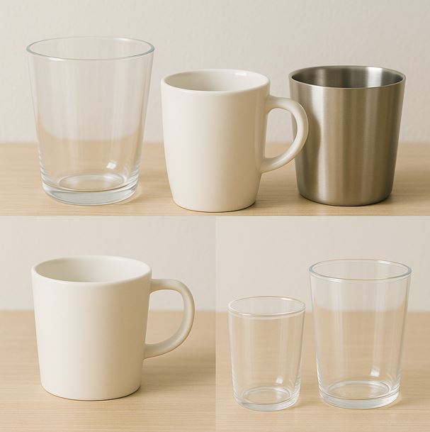 유리컵, 도기컵, 스테인레스컵 들이 탁상 위에 놓여 있다.