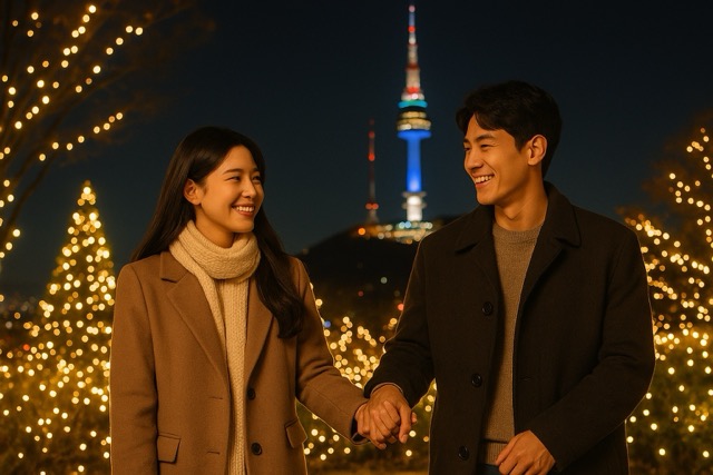 크리스마스에 데이트하는 연인 모습