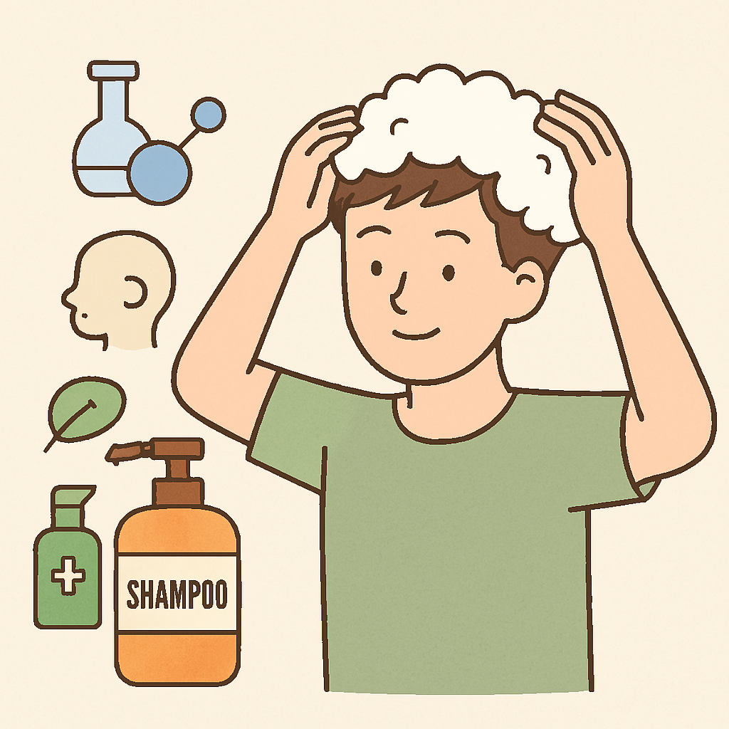 머리를 감고 있는 남성 일러스트