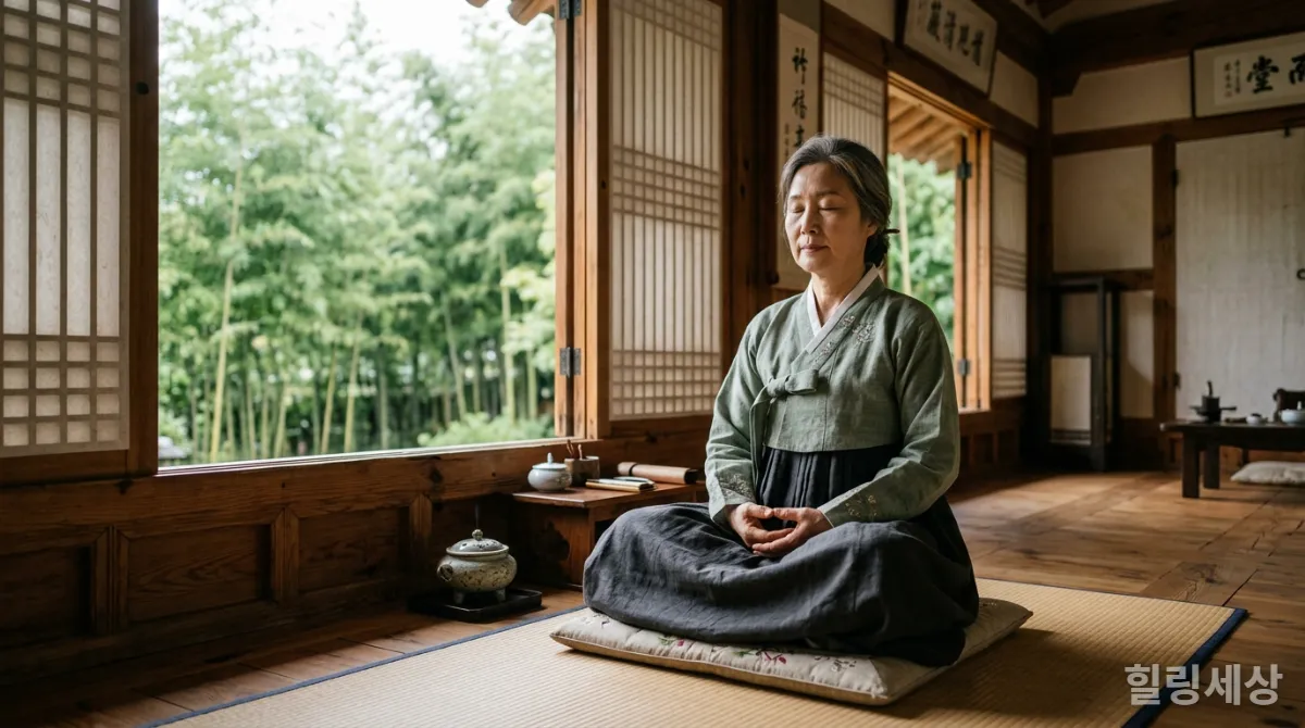 한국인 시니어 여성이 한옥에서 대나무 숲을 바라보며 명상하는 모습