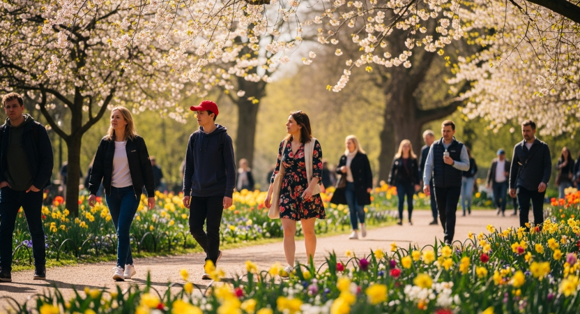 봄꽃이 만개한 공원에서 산뜻한 바람을 맞으며 여유롭게 걷는 사람들의 모습, 그리고 주변에 흐드러지게 핀 꽃들이 어우러진 장면을 떠올려보세요