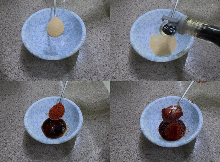 설탕, 간장, 고춧가루, 고추장을 그릇에 담고 있는 사진