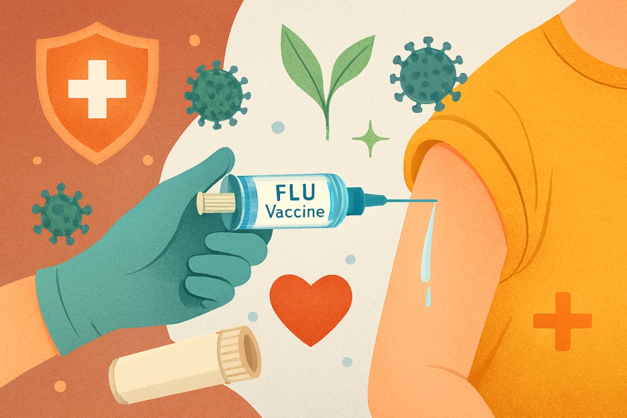 팔에 독감 주사를 맞는 모습으로, 독감 예방접종의 중요성과 건강한 면역력을 상징합니다.