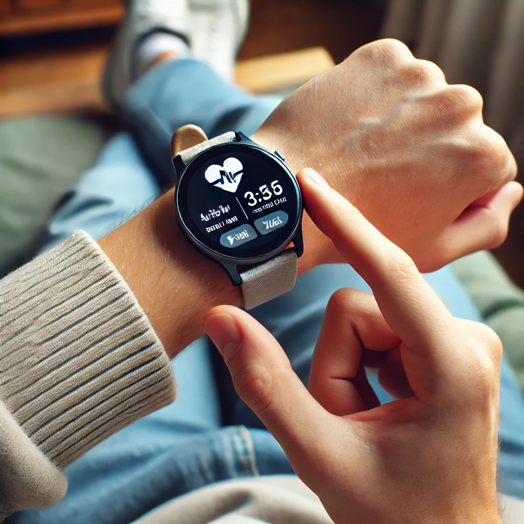 건강관리에 도움되는 시계를 보고 있는 그림 입니다.