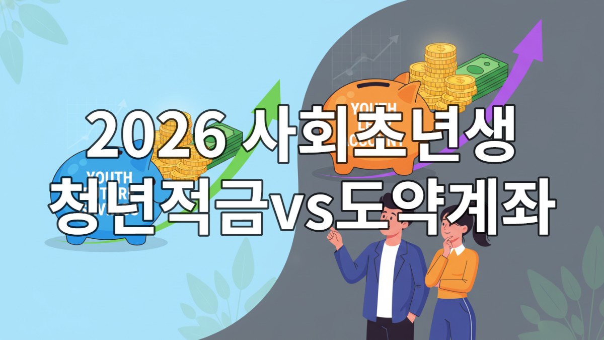2026년 사회초년생을 위한 청년미래적금과 청년도약계좌의 두 가지 금융 상품을 비교하는 일러스트. 두 길이 목돈으로 이어지는 장면.