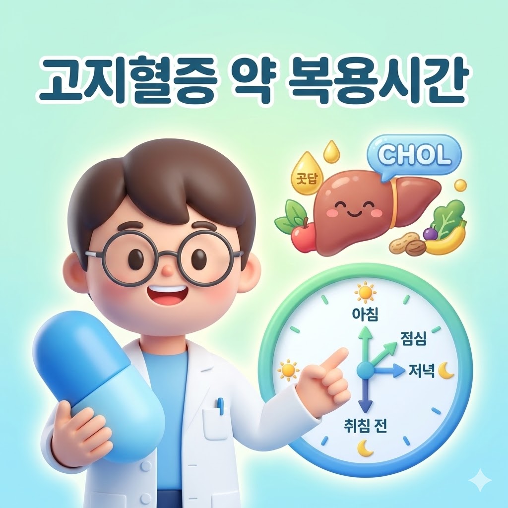 고지혈증 약 복용 시간을 알려주는 친근한 캐릭터와 시계, 그리고 간 아이콘이 함께 있는 3D 카툰 일러스트.