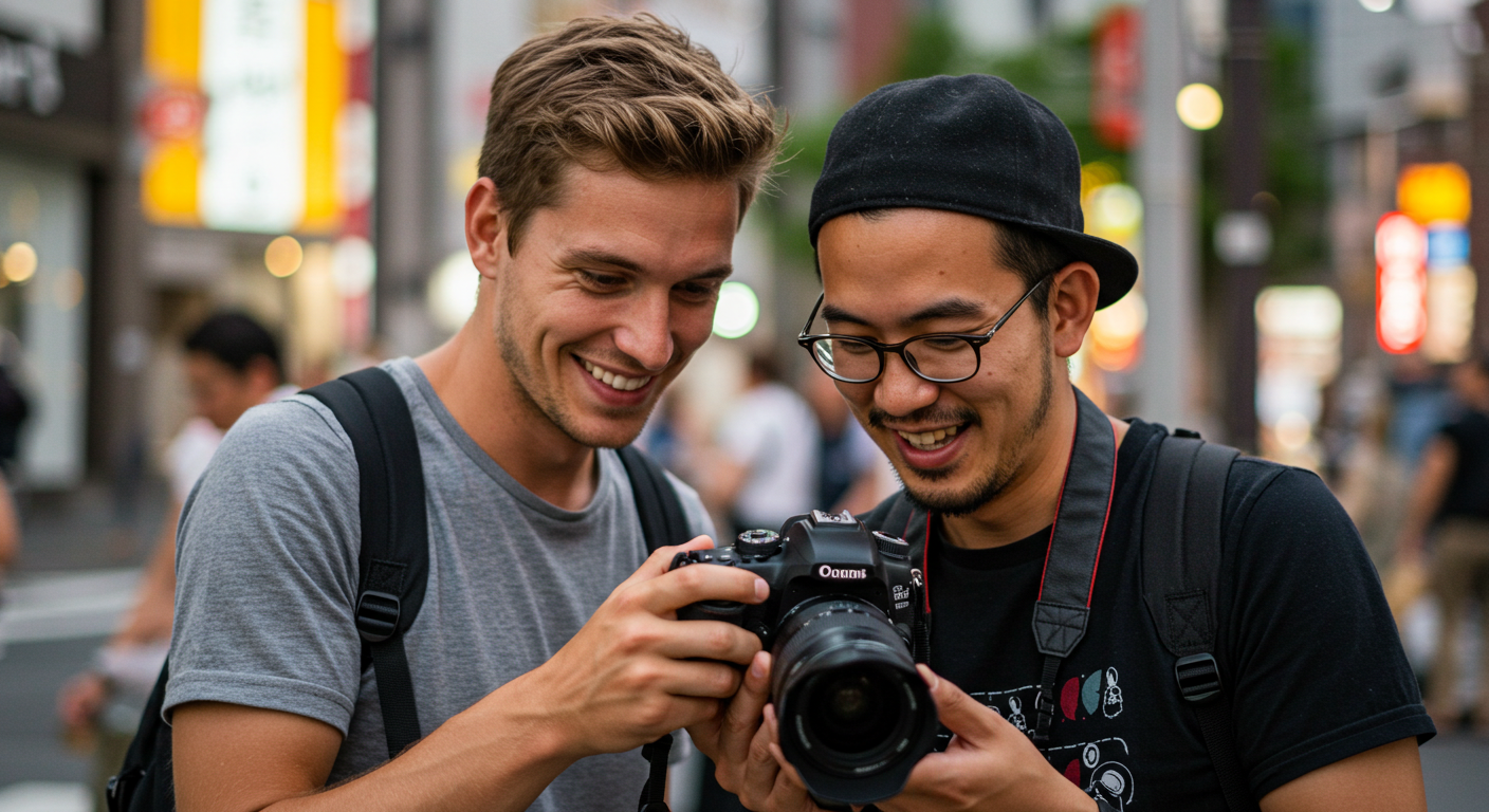 촬영이 끝난 후, 결과물을 함께 확인하며 만족스럽게 웃는 모습