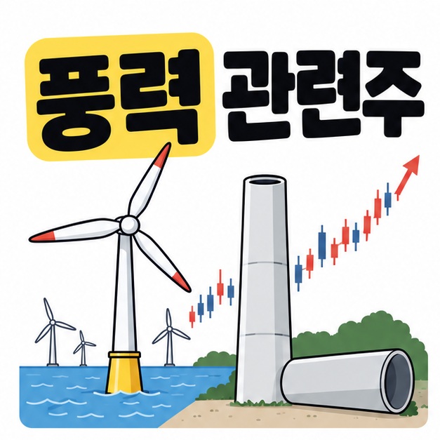 풍력 관련주 제목과 풍력터빈, 타워, 주식 차트 아이콘