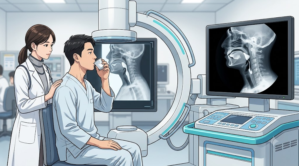 조영제를 포함한 음식을 삼키며 X-ray 투시로 확인하는 비디오투시연하검사(VFSS) 메디컬 일러스트