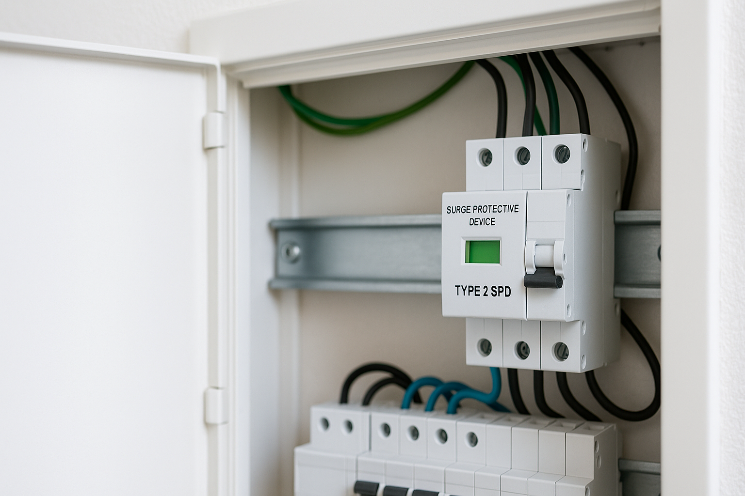 가정용 분전반에 설치된 Type 2 서지보호기(SPD) 근접 사진