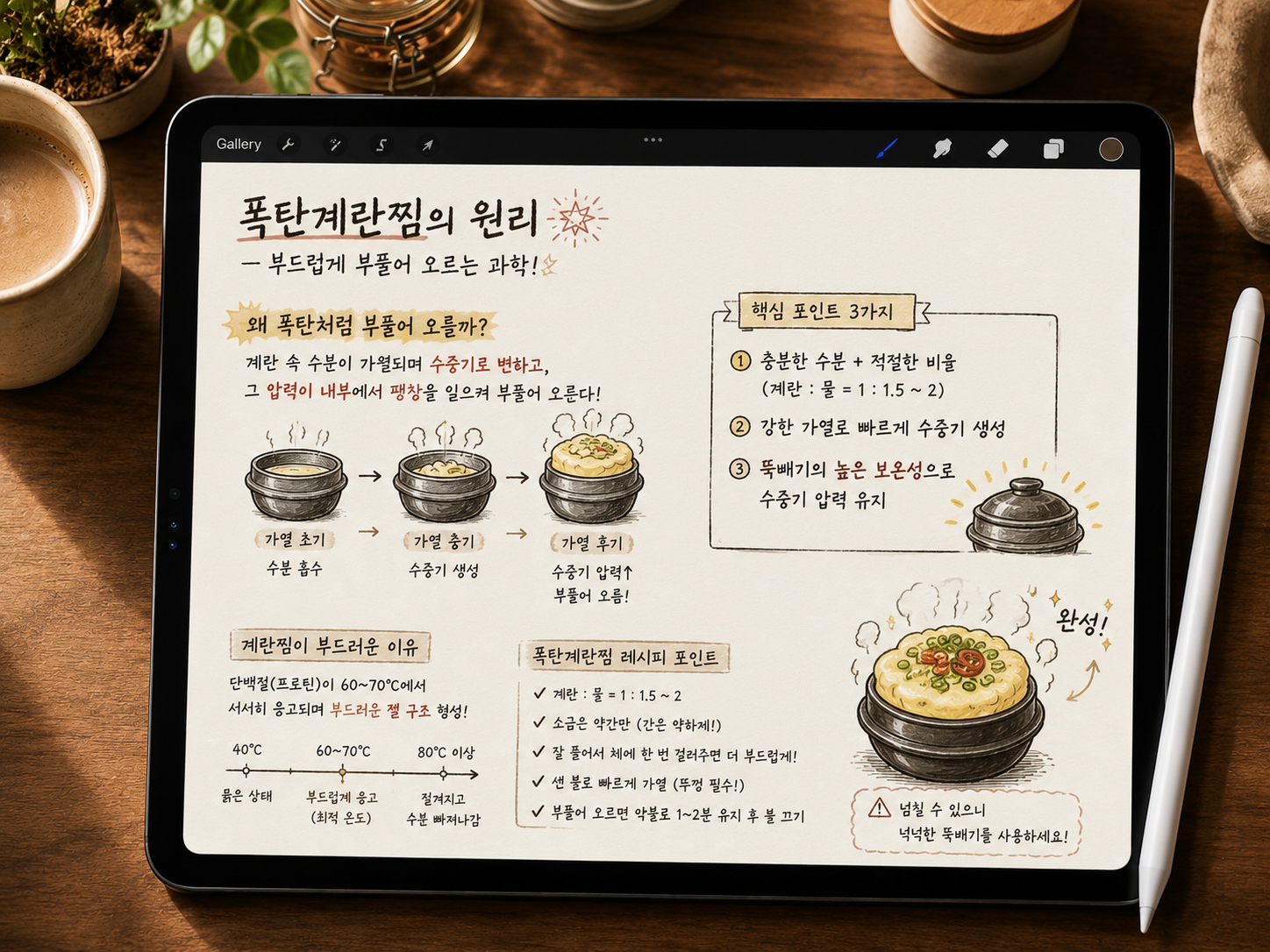 아이패드 프로크리에이트 앱 화면을 담은 일러스트. 폭탄계란찜이 부풀어 오르는 원리를 과학적으로 도식화하여 설명하고 있다. 왼쪽 상단에는 가열 초기부터 후기까지 수증기압에 의해 계란찜이 팽창하는 과정을 단계별로 나타냈으며, 하단에는 단백질이 60~70°C에서 부드러운 젤 구조를 형성하는 온도별 변화를 설명했다. 우측에는 계란과 물의 적절한 비율, 뚝배기의 보온성 활용 등 '핵심 포인트 3가지'와 '폭탄계란찜 레시피 포인트'가 상세히 정리되어 있다. 하단에는 완성된 계란찜 일러스트와 함께 넘침 주의 안내 문구가 포함되어 있다. 조리 과학적 원리와 실전 팁을 한눈에 파악할 수 있는 교육용 이미지이다.