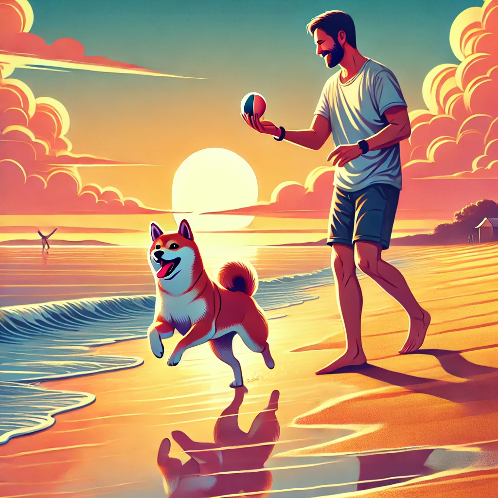 여름 해변가에서 시바견과 주인이 공놀이하는 모습