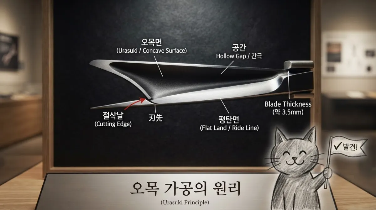 고급 가위 날의 오목 가공 단면을 보여주는 단면도로 외측 가장자리만 닿아 마찰을 최소화하는 구조를 설명하는 학술 일러스트