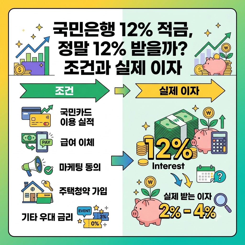 국민은행 최고 연 12% 적금의 까다로운 우대 조건과 실제 수령 이자(2~4%대)를 비교 분석하는 금융 인포그래픽 썸네일