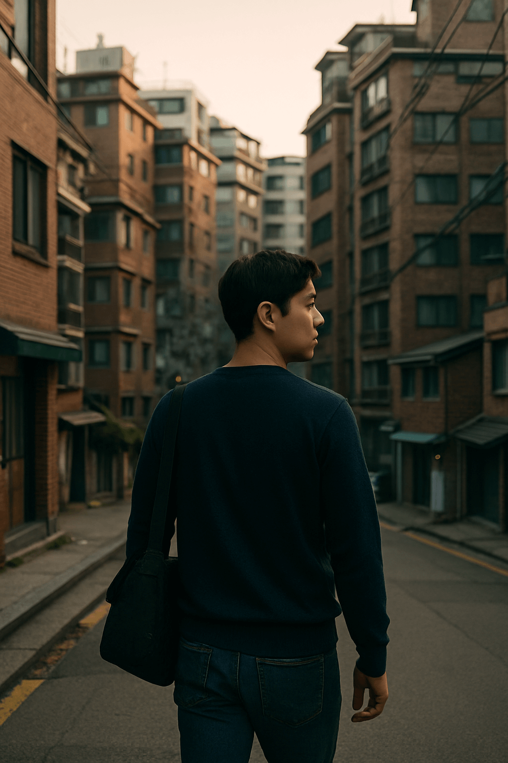 서울 도심 주거 밀집 지역을 혼자 걷고 있는 한국인 청년의 뒷모습