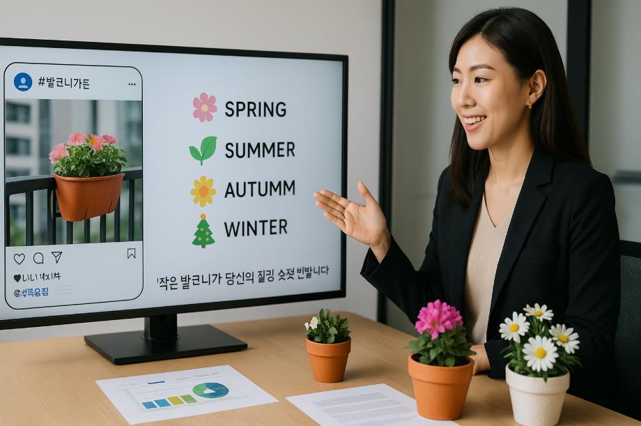 난간 화분 마케팅 전략을 발표하는 한국인 디자이너 모습