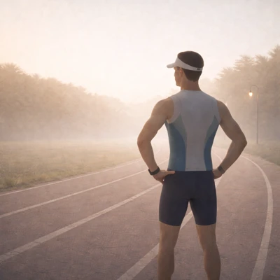 이른 시간대 러닝 트랙에 서 있는 철인3종 선수의 모습, 차분한 분위기의 훈련 장면