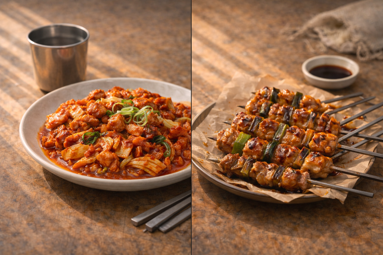 2kg 12,900원 냉동 닭다리살로 만든 닭갈비와 대파 닭꼬치, 집에서 기름을 최소화해 조리한 건강한 한 끼 식탁