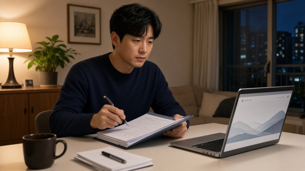 이삿짐 상자 옆에서 확정일자 도장이 찍힌 계약서를 확인하는 한국인 30대 남성