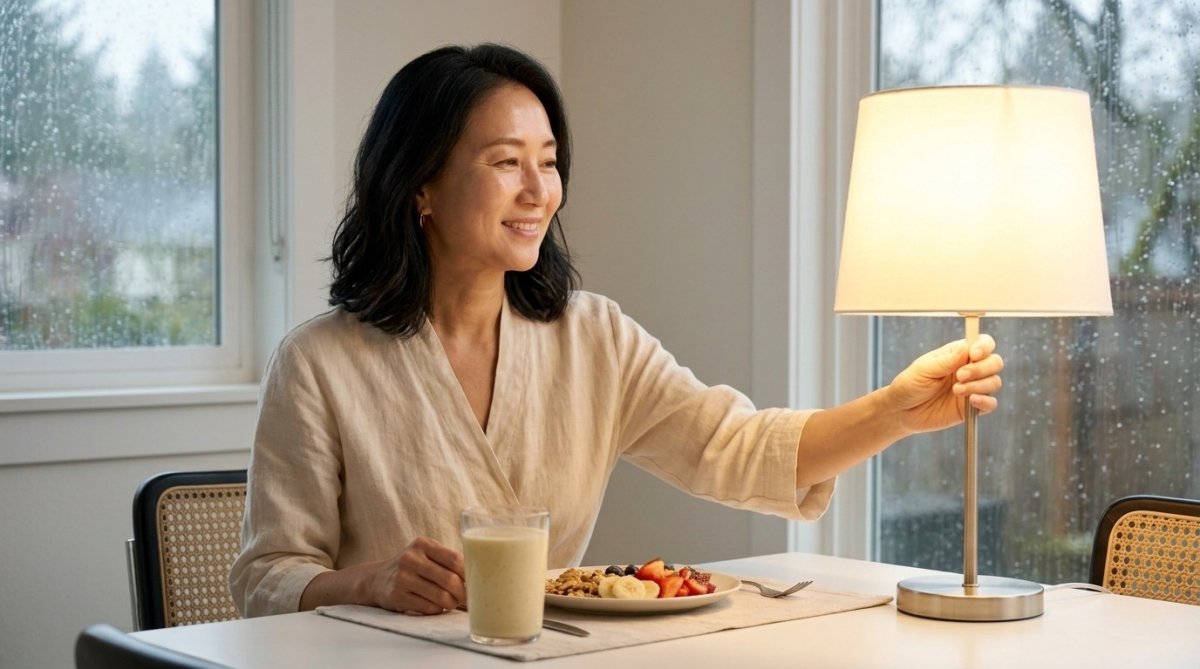 비 오는 날 아침 밝은 식탁 스탠드 조명을 켜두고 따뜻한 음료와 함께 미소 짓는 50대 한국 여성의 16:9 비율 실사 사진.