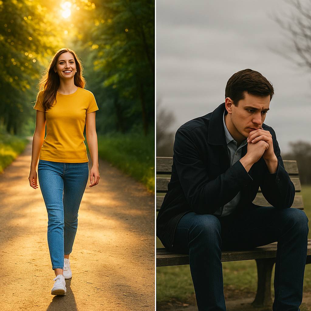 적극적인 밝은 여성과 소극적인 어두운 남성의 대비 웃으며 걸어가는 여성과 고민하는 남성이 나란히 있는 이미지. 수동성과 능동성의 대비를 상징한다.