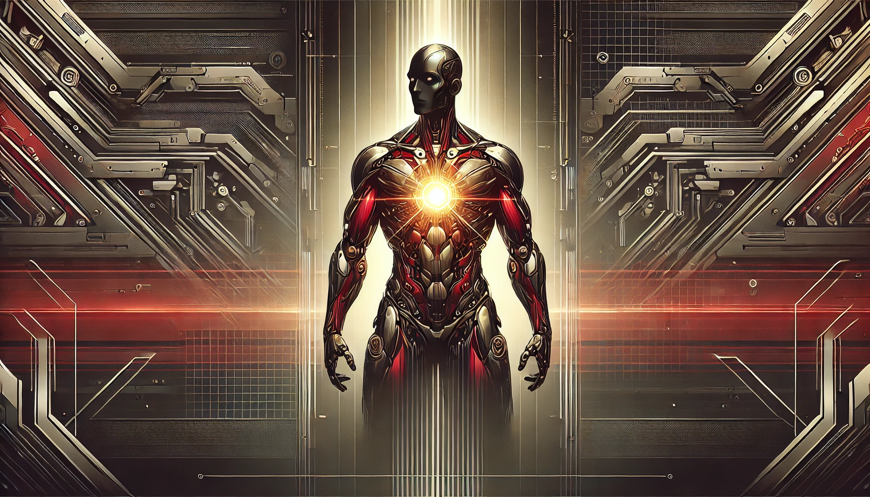 A man of the future is standing in the middle