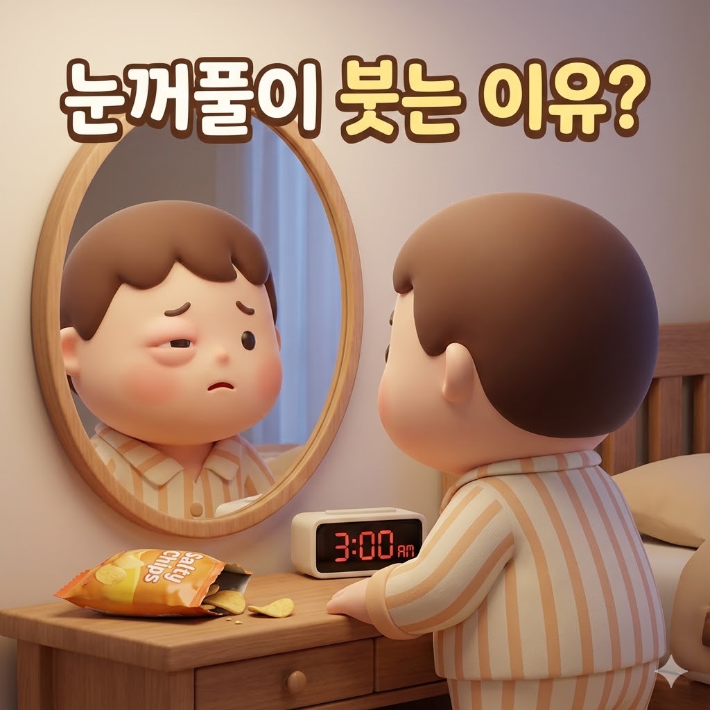 거울 속 부은 눈꺼풀을 보고 살짝 걱정하는 귀여운 캐릭터. 옆에는 짠 과자와 늦은 시간을 알리는 시계가 놓여있음. '눈꺼풀이 붓는 이유?'라는 한글 문구가 적혀있음.