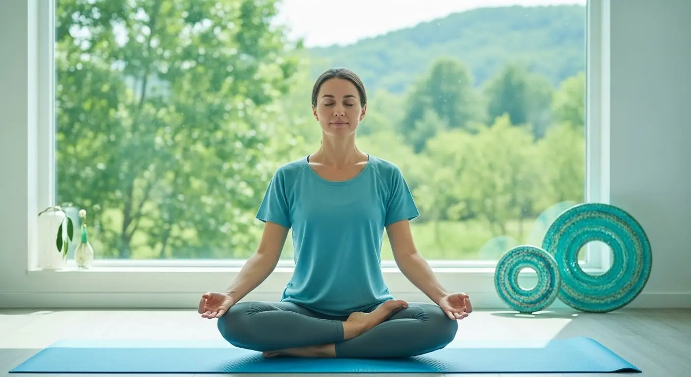요가 매트에 앉아 명상하는 사람. 스트레스 해소와 마음의 평화를 표현합니다.