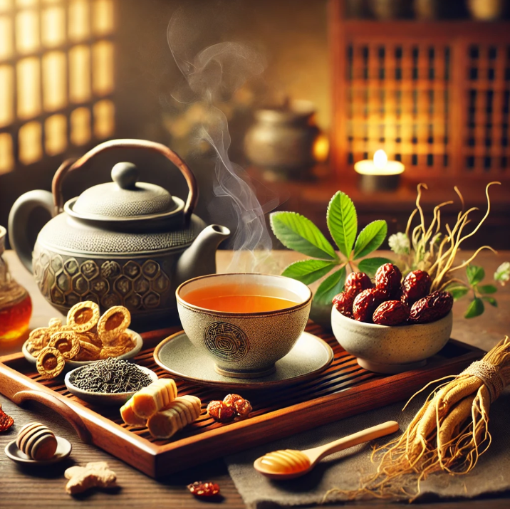 위 건강을 위한 한방 차. 따뜻한 한방 차가 담긴 전통 찻잔과 티포트, 옆에는 홍삼, 대추, 생강, 꿀 등이 놓여 있으며, 아늑한 조명이 더해진 한방 차 세트.