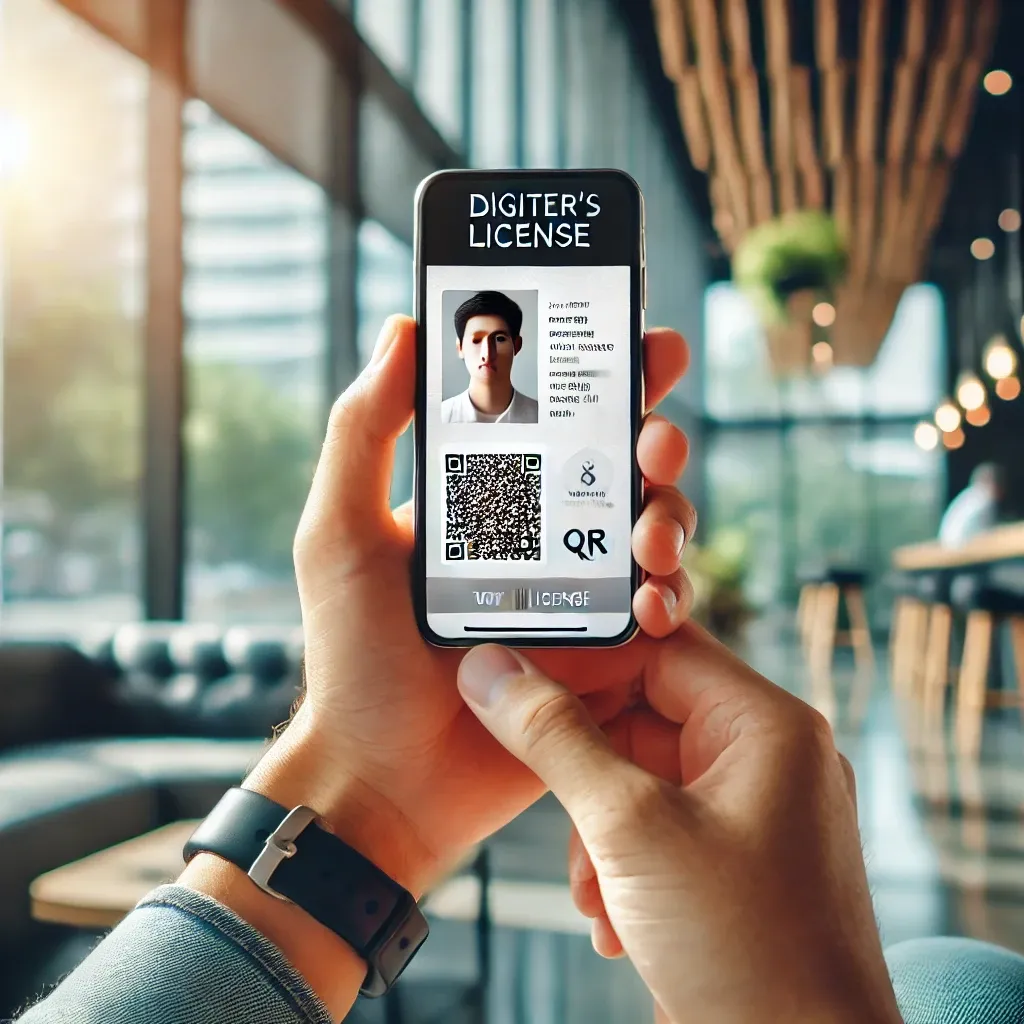 모바일 화면에 표시된 디지털 운전면허증을 들고 있는 사람. 현대적인 사무실 배경.