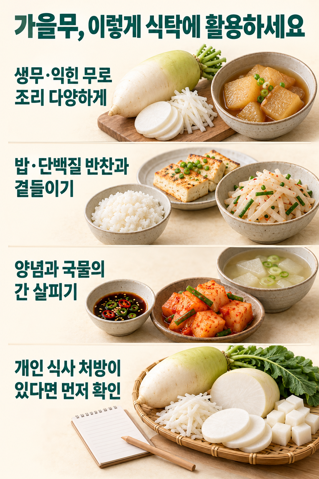 무의 조리 형태&middot;식사 구성&middot;양념과 국물&middot;개인 식사 안내를 구분한 네 가지 정리