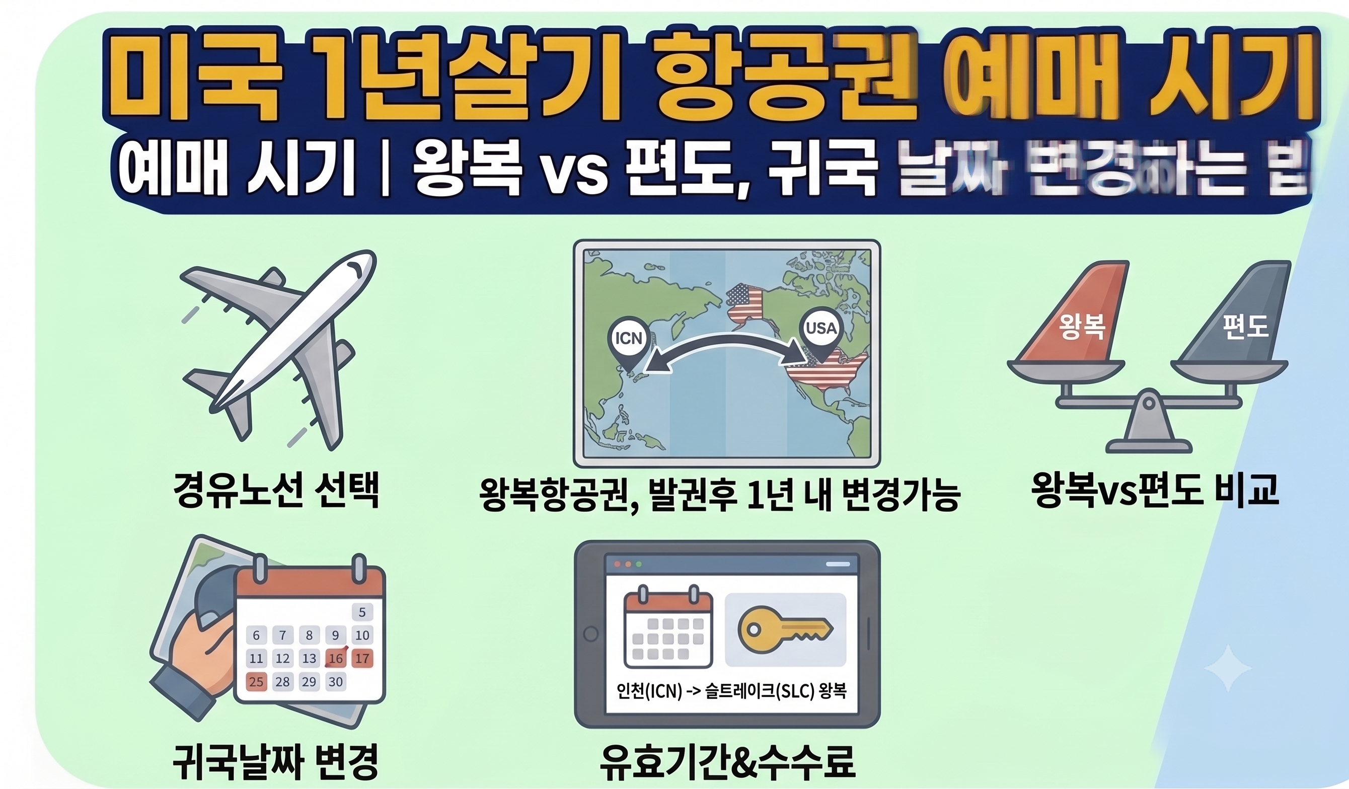 미국 1년 살기 정착 준비 과정 중 항공권 예매 시기와 4인 가족 직항 및 경유 비용 비교, 왕복 항공권 귀국일 변경 노하우를 정리한 썸네일 이미지