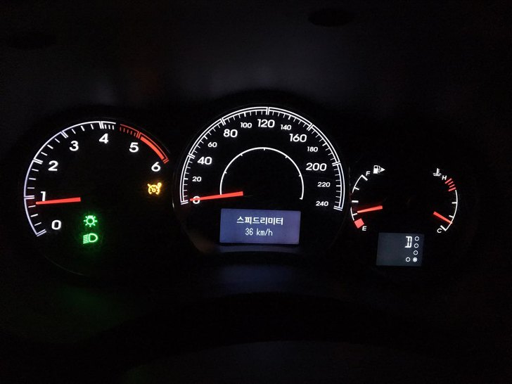 계기판에 스피드 리미터 36km/h 표시.